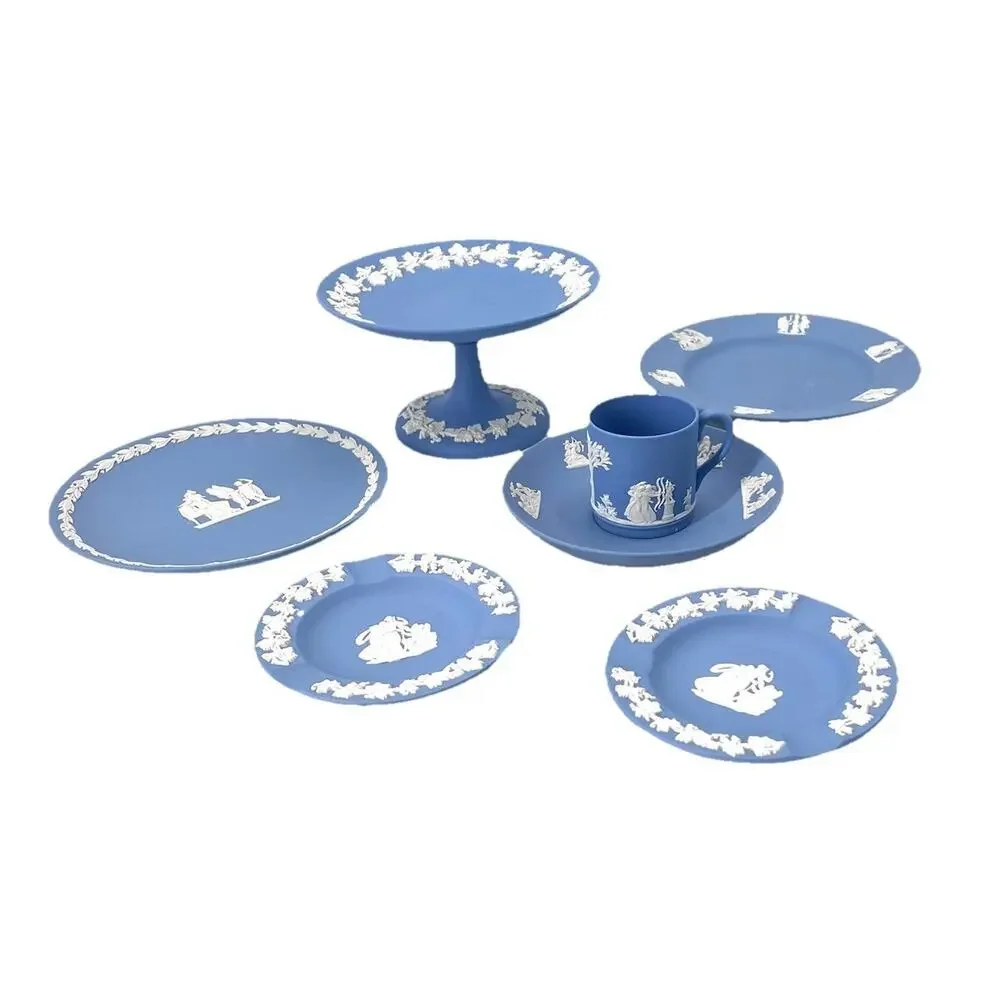 7 Pc Vintage Blue Wedgwood Jasperware Trinket Dishes Astray Plates Cup